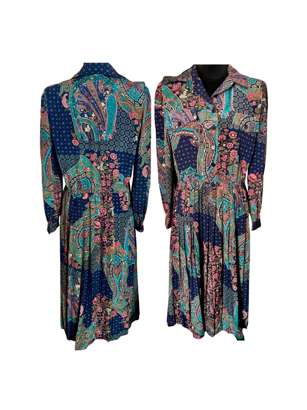 Leslie Fay Petite Vintage Paisley Midi Dress Pleated Elastic Waist Size 8
